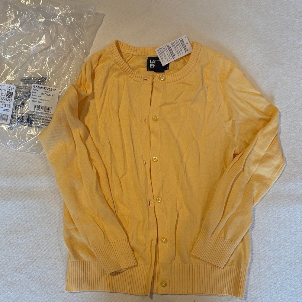 NWT Lands’ End School Uniform Girls Cardigan Sweater Cotton Modal Yellow Maize